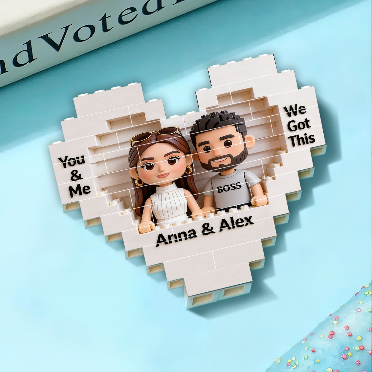 Gemeinsam bauen wir ein Leben, das wir lieben – personalisierte Herz-Bausteine ​​für Paare, beidseitig bedruckt.