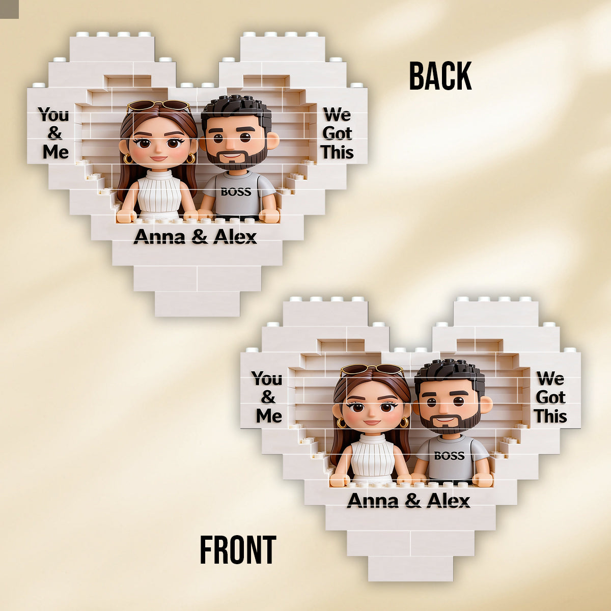 Gemeinsam bauen wir ein Leben, das wir lieben – personalisierte Herz-Bausteine ​​für Paare, beidseitig bedruckt.