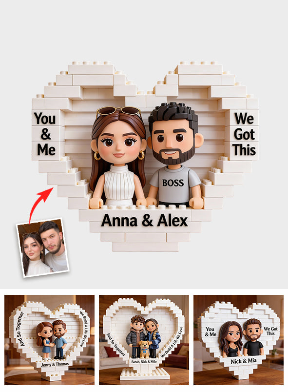 Gemeinsam bauen wir ein Leben, das wir lieben – personalisierte Herz-Bausteine ​​für Paare, beidseitig bedruckt.