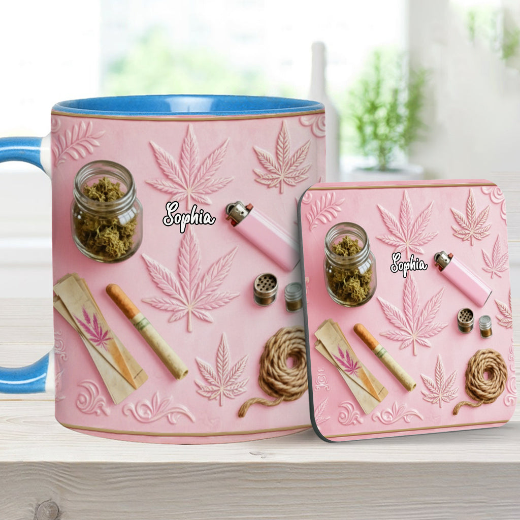 Magische Blätter – Personalisierte Tasse und Untersetzer mit Cannabis-Motiv
