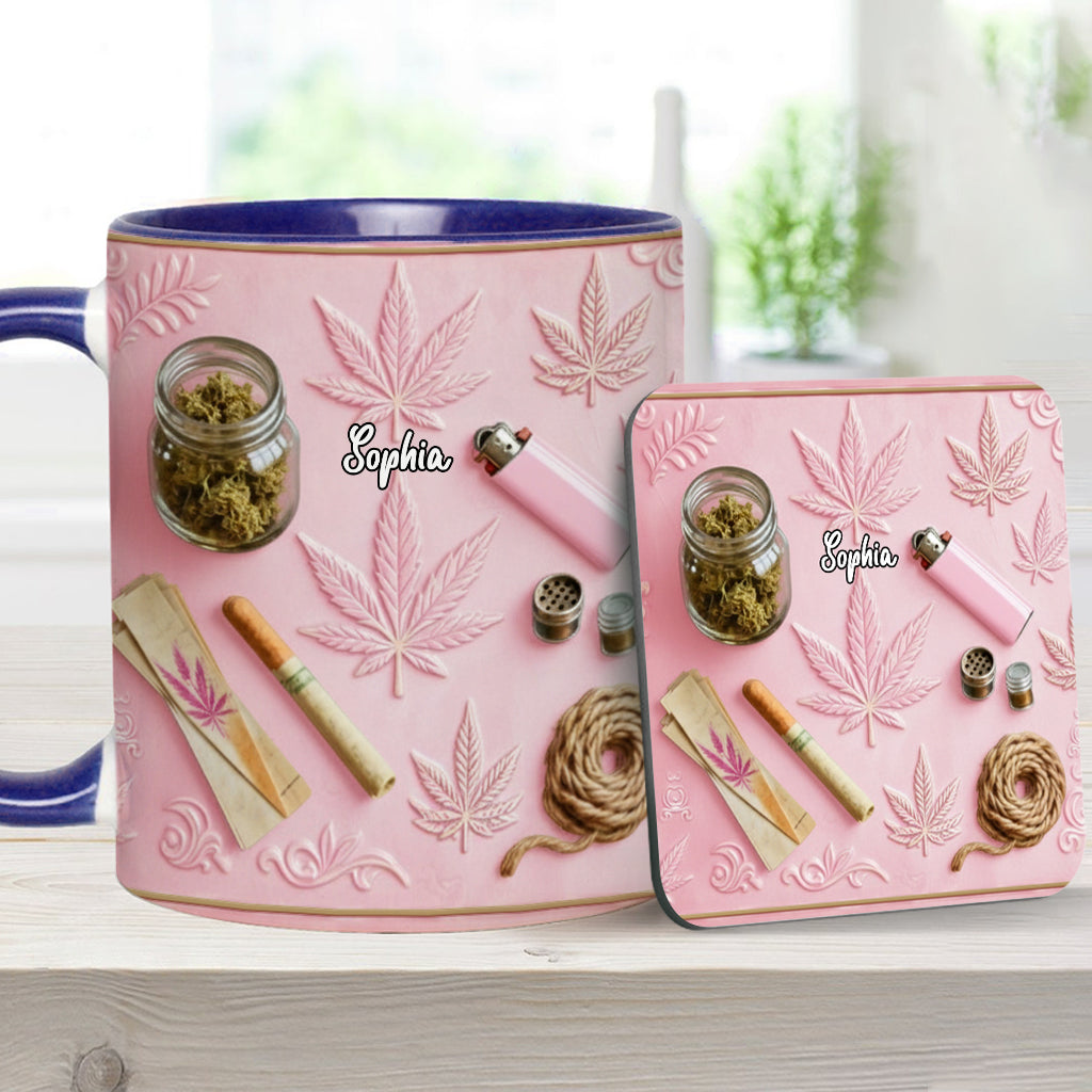 Magische Blätter – Personalisierte Tasse und Untersetzer mit Cannabis-Motiv