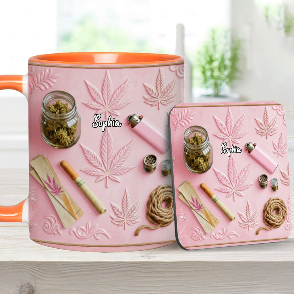 Magische Blätter – Personalisierte Tasse und Untersetzer mit Cannabis-Motiv