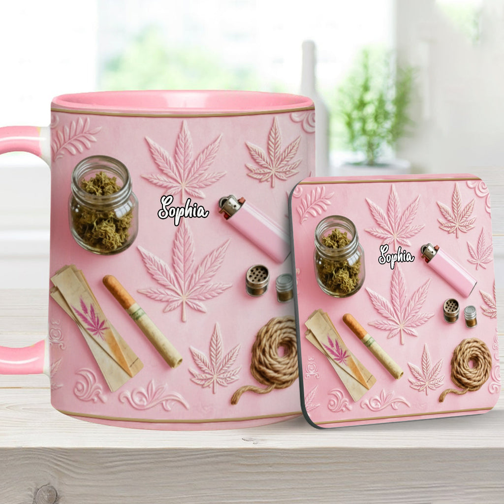 Magische Blätter – Personalisierte Tasse und Untersetzer mit Cannabis-Motiv