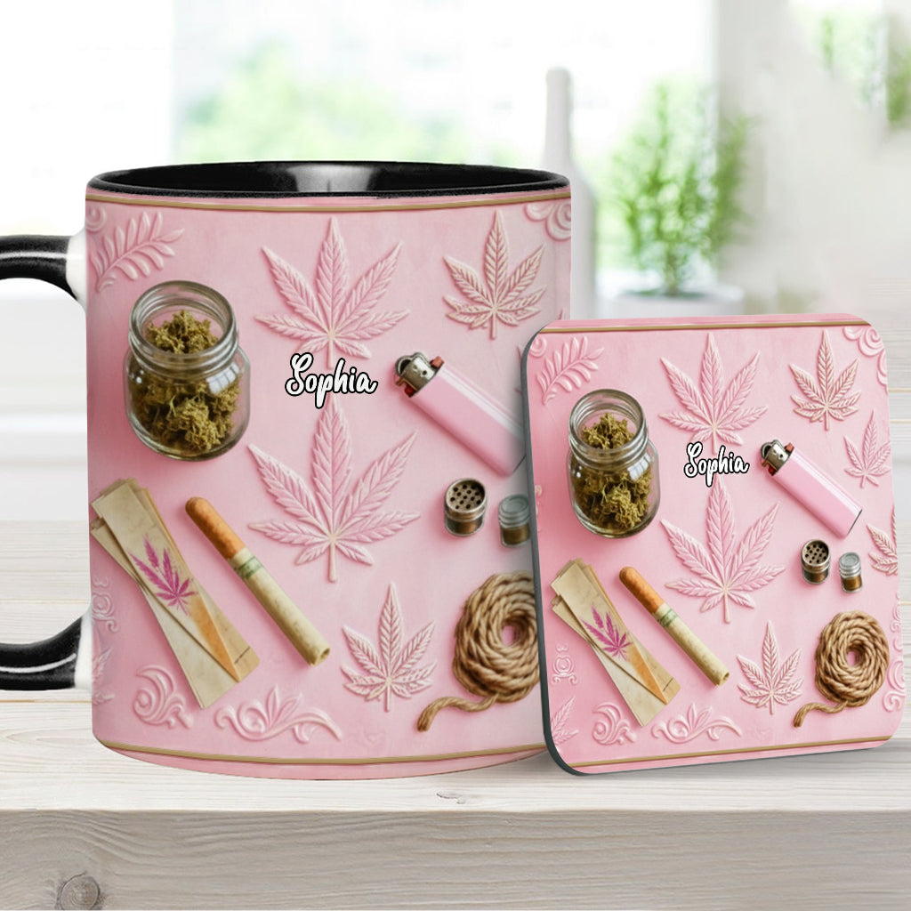 Magische Blätter – Personalisierte Tasse und Untersetzer mit Cannabis-Motiv