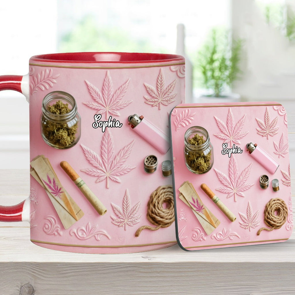 Magische Blätter – Personalisierte Tasse und Untersetzer mit Cannabis-Motiv