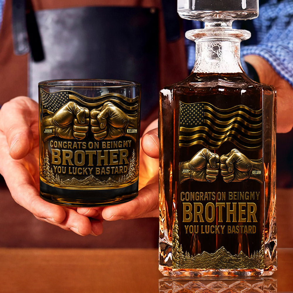 Glückwunsch, dass du mein Bruder bist – personalisierter Geschwister-Pistolen-Dekanter mit Whiskyglas