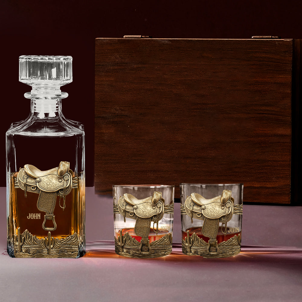 Hufeisen und Sattel – Personalisiertes Whiskey-Dekanter-Set mit Pferd