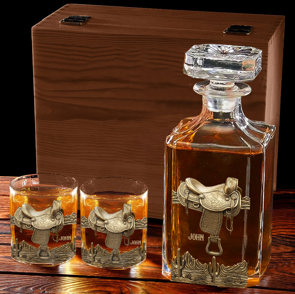 Hufeisen und Sattel – Personalisiertes Whiskey-Dekanter-Set mit Pferd
