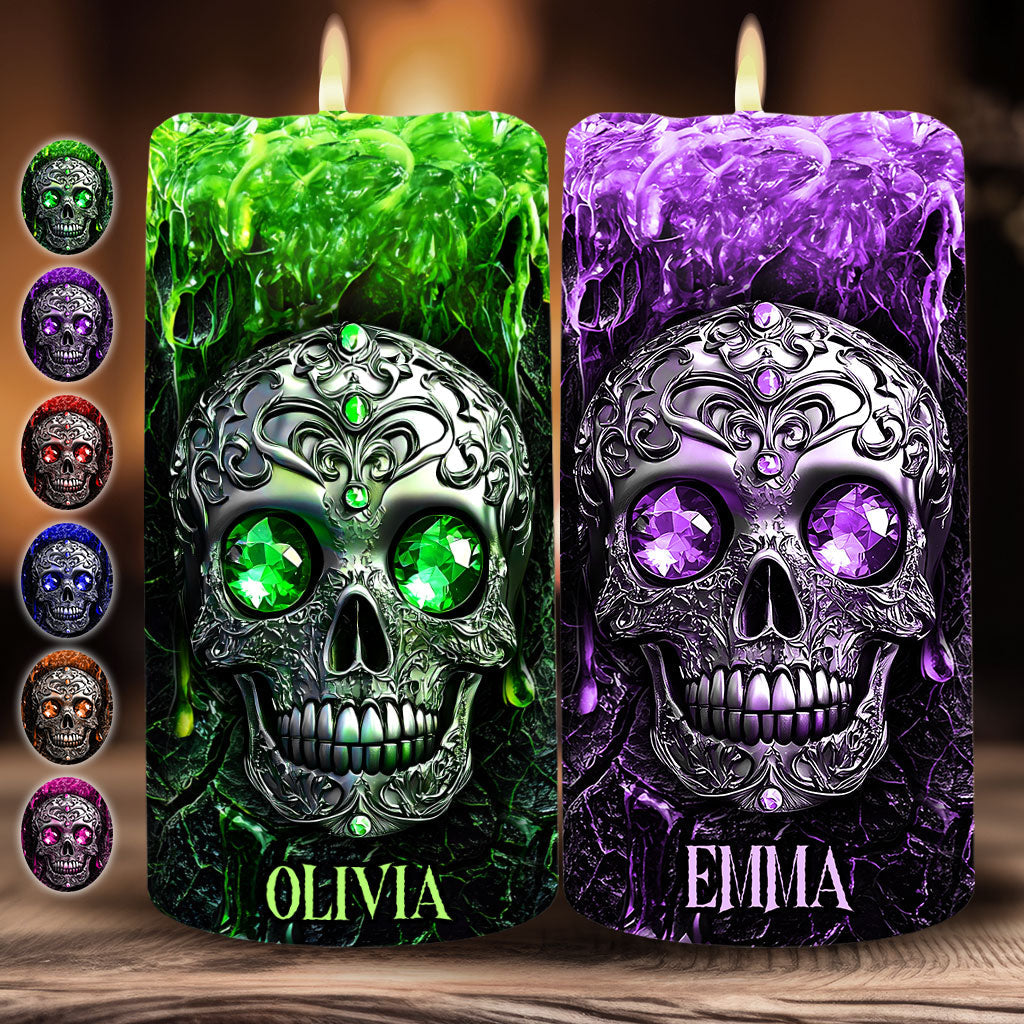 Gruselsaison – Personalisierte Totenkopf-Flammenlose Kerze