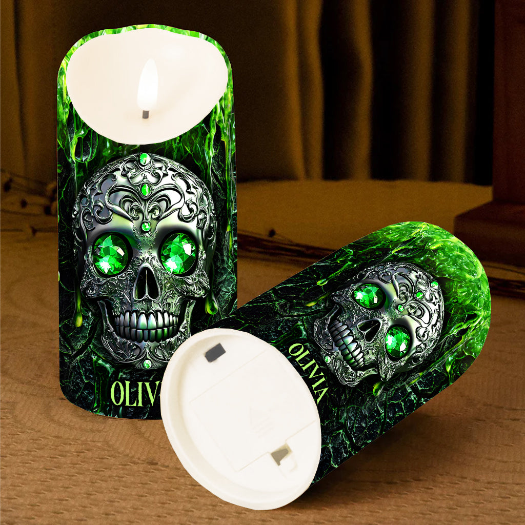 Gruselsaison – Personalisierte Totenkopf-Flammenlose Kerze