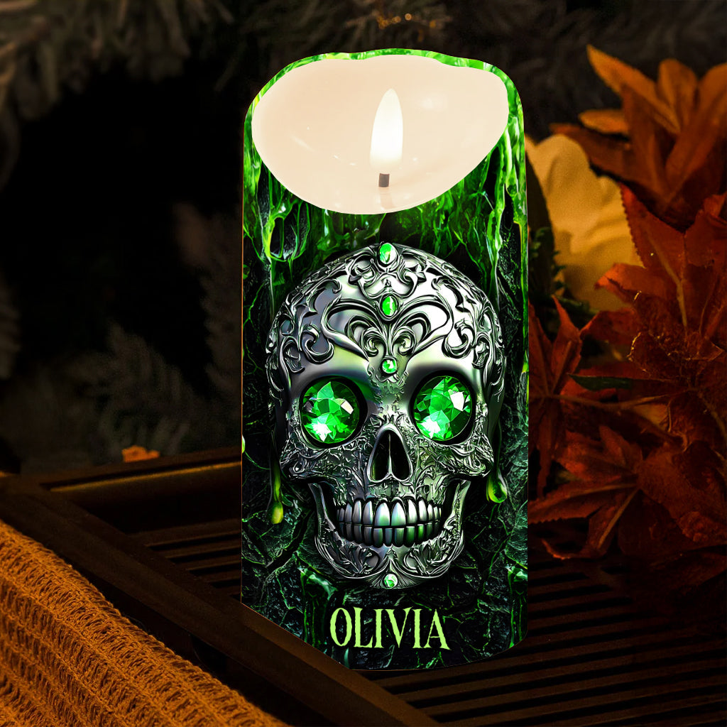 Gruselsaison – Personalisierte Totenkopf-Flammenlose Kerze