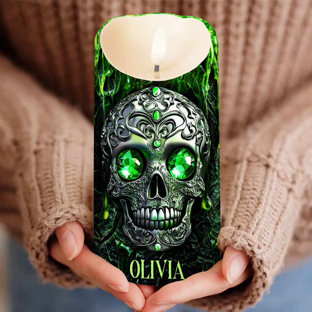 Gruselsaison – Personalisierte Totenkopf-Flammenlose Kerze