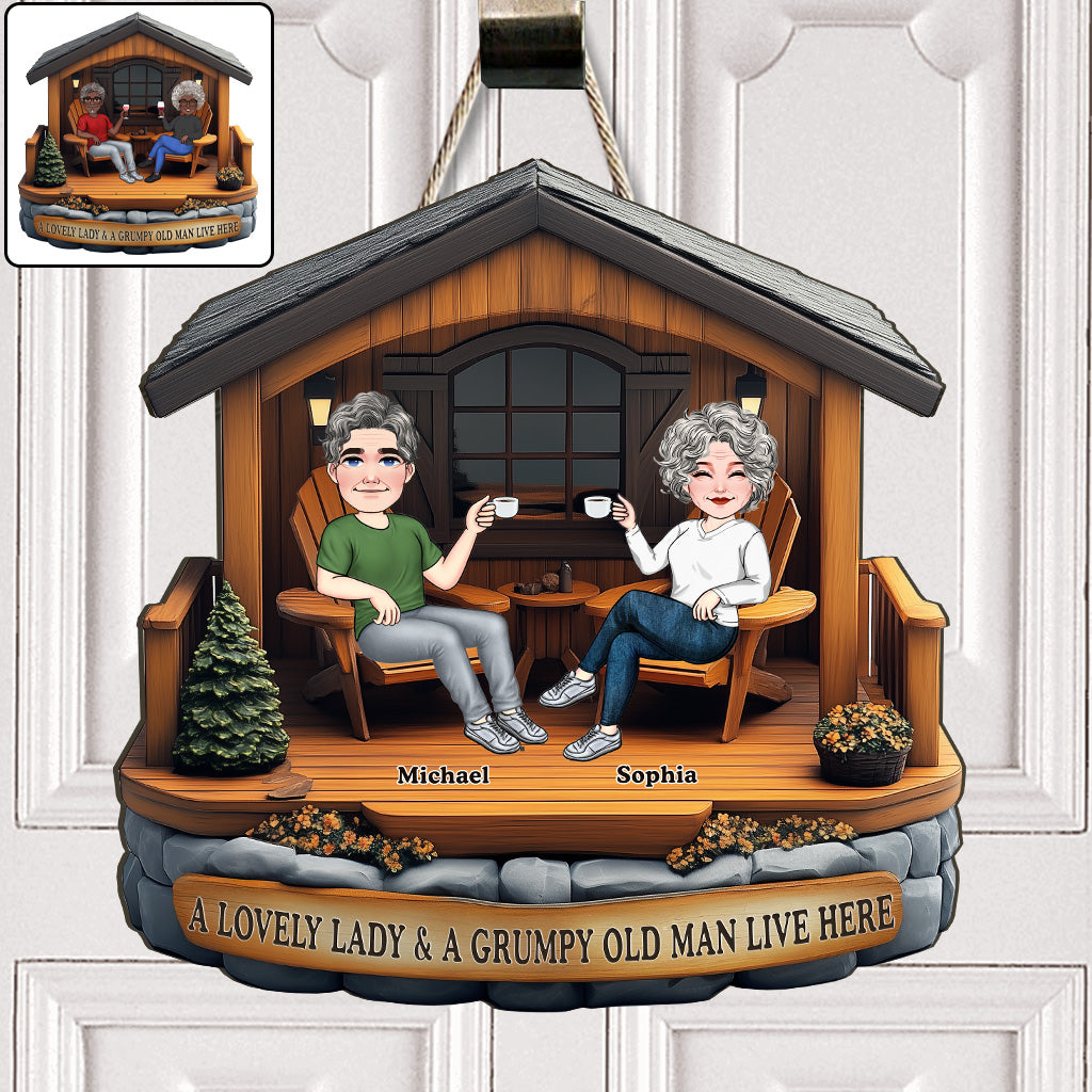 A Lovely Lady A Grumpy Old Man Live Here - Personalized Couple Custom Shaped Wood Sign