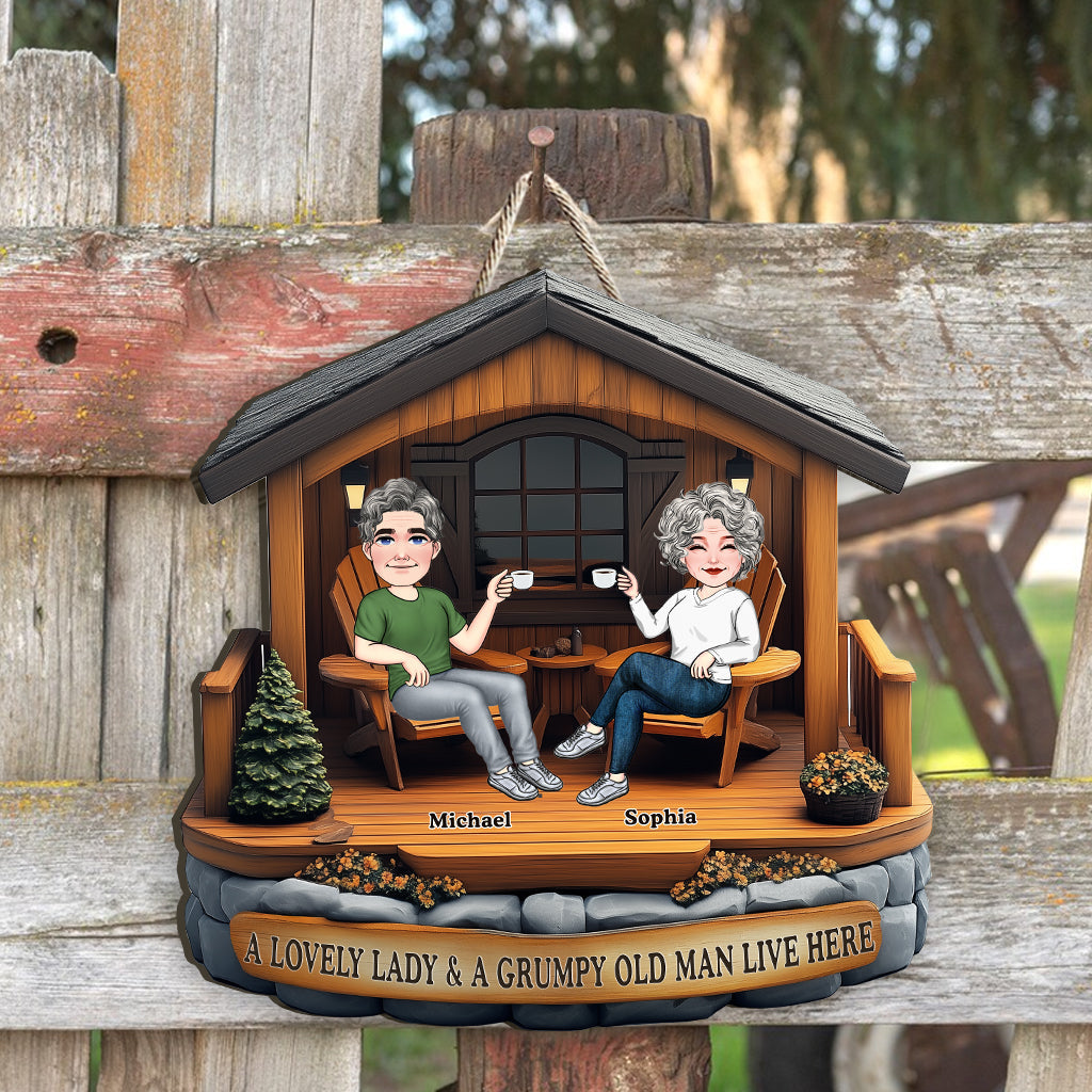 A Lovely Lady A Grumpy Old Man Live Here - Personalized Couple Custom Shaped Wood Sign