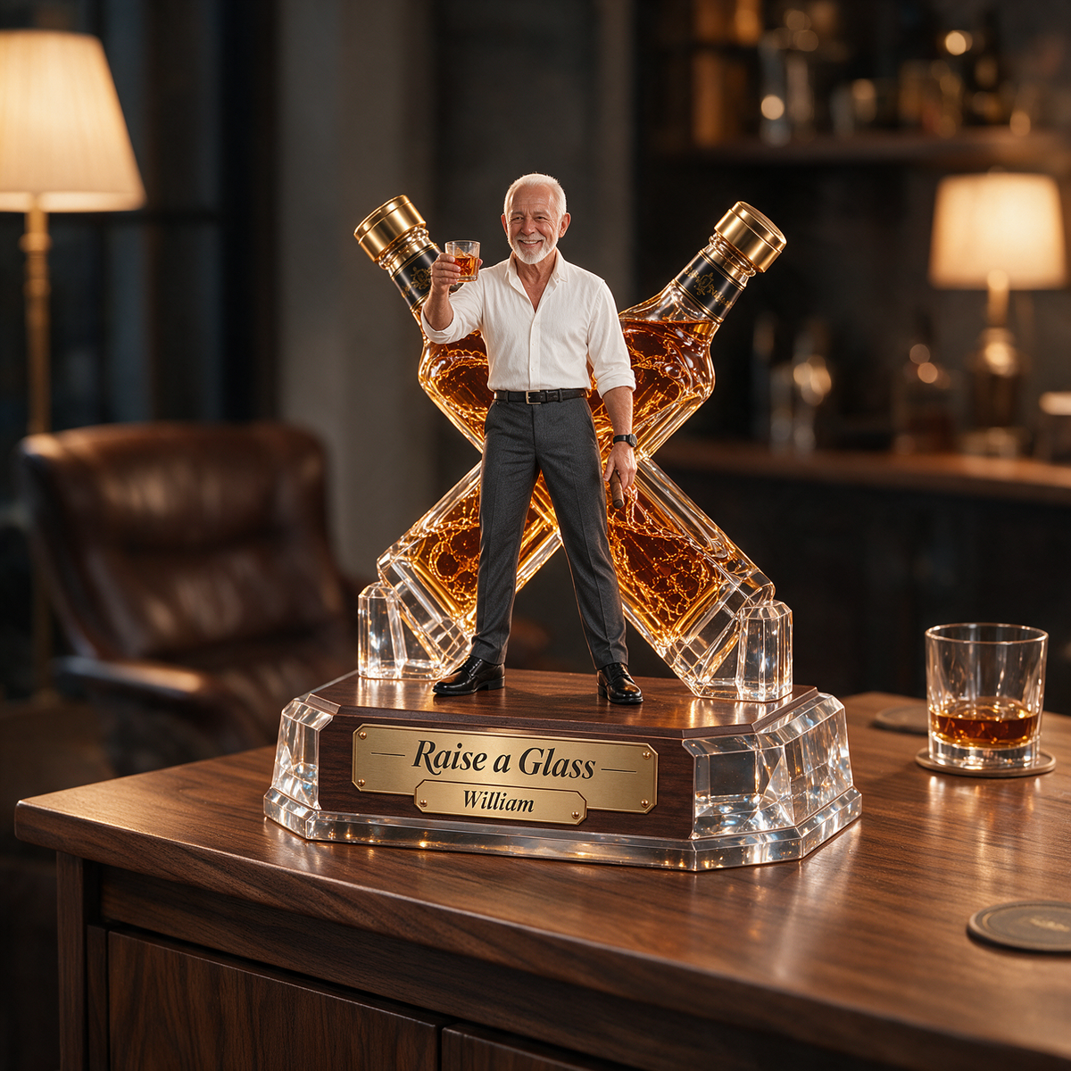 Personalized Whiskey Acrylic Plaque - Custom Photo Crossed-Bottle Sculpture