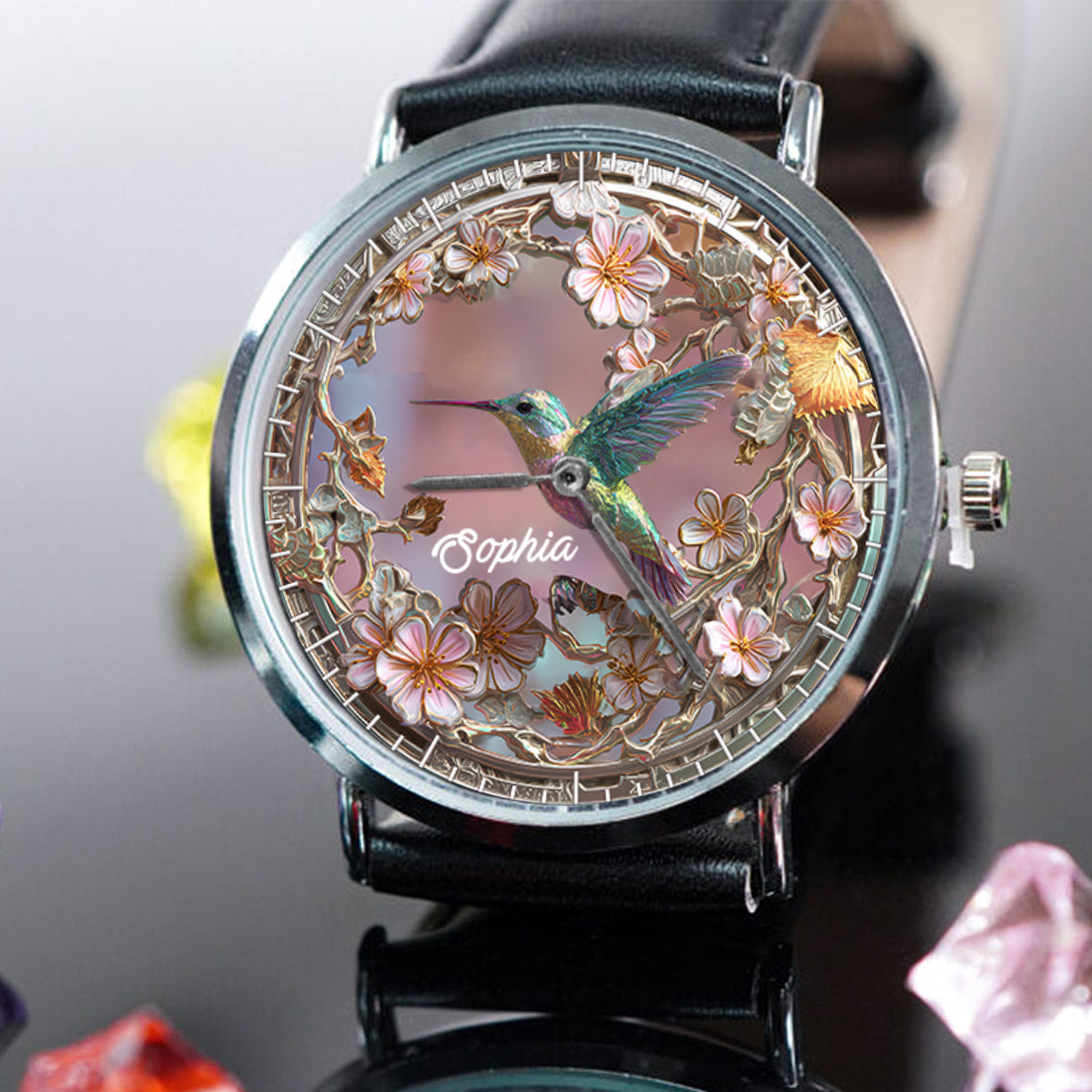 Wunderschöner Kolibri – Personalisierte Damen-Handuhr mit Kolibri-Motiv