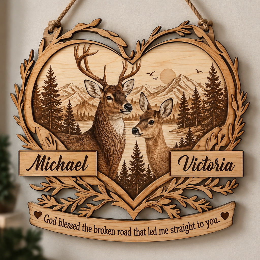 God Blessed The Broken Road That Led Me Straight To You - Personalized Couple Custom Shaped Wood Sign