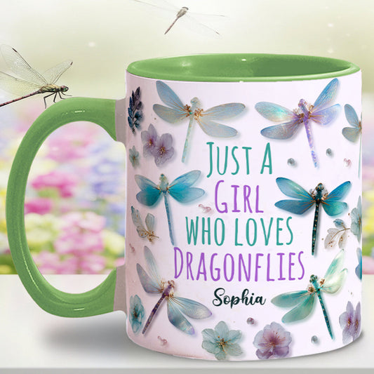 Einfach ein Mädchen, das Libellen liebt – personalisierte Tasse mit Libellenmotiv