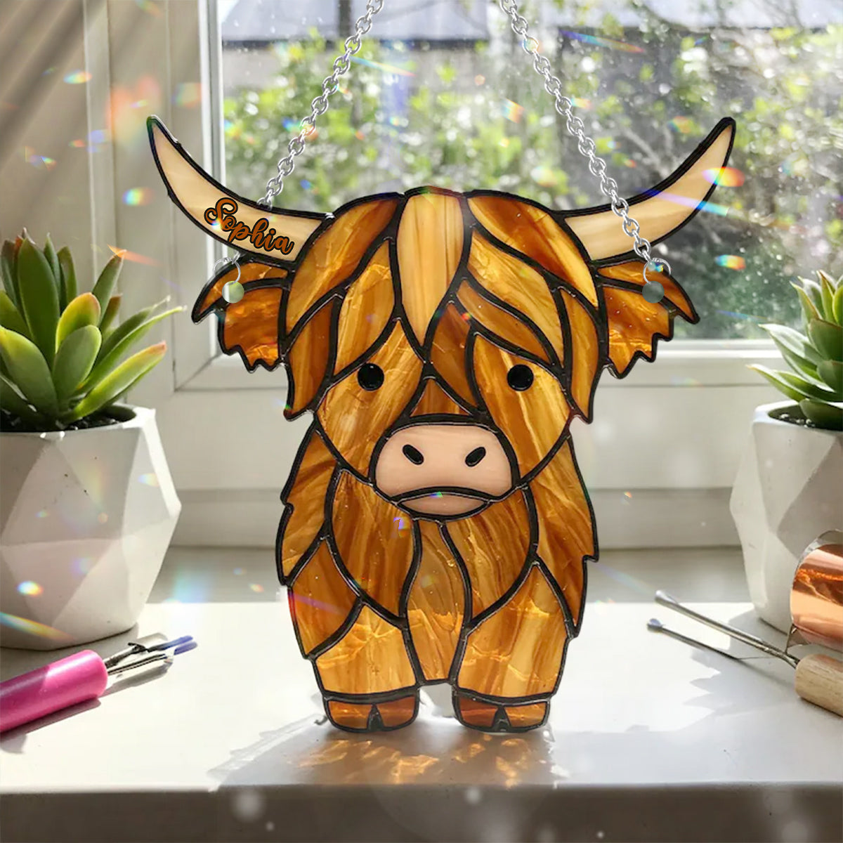 Adorable Highland Cow - Personalized Highland Cow Window Hanging Suncatcher Ornament