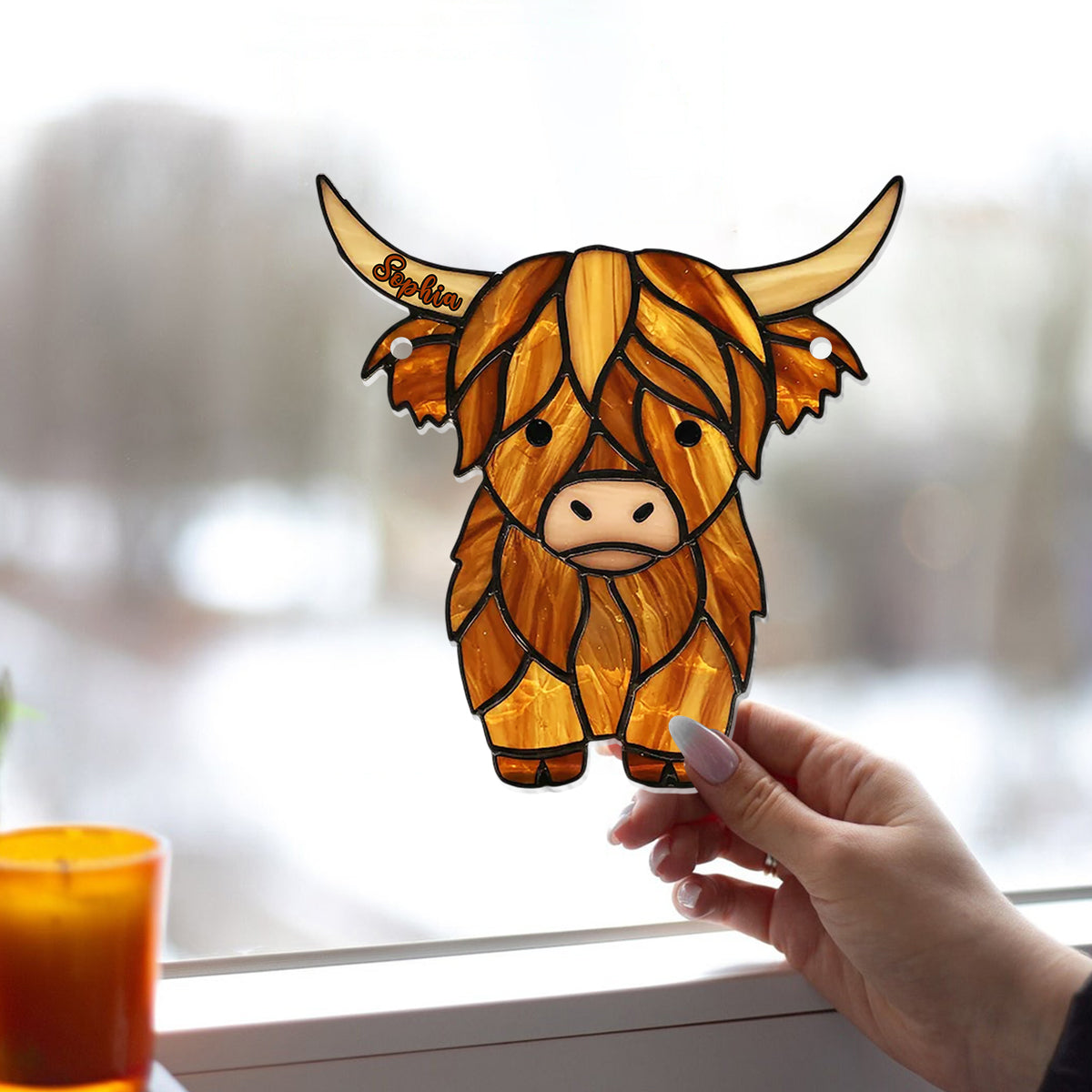 Adorable Highland Cow - Personalized Highland Cow Window Hanging Suncatcher Ornament