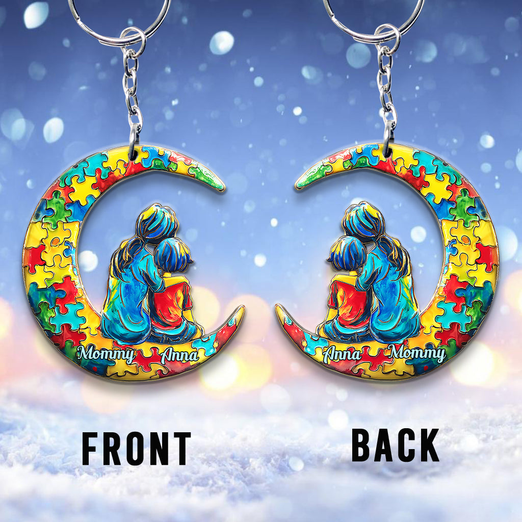 Autism Mom And Kid - I Love You To The Moon And Back - Personalized Autism Awareness Keychain