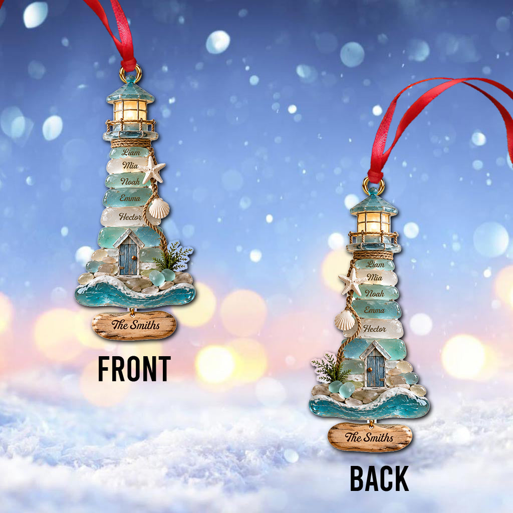 Coastal Sea Glass Lighthouse Christmas - Personalized Family Ornament