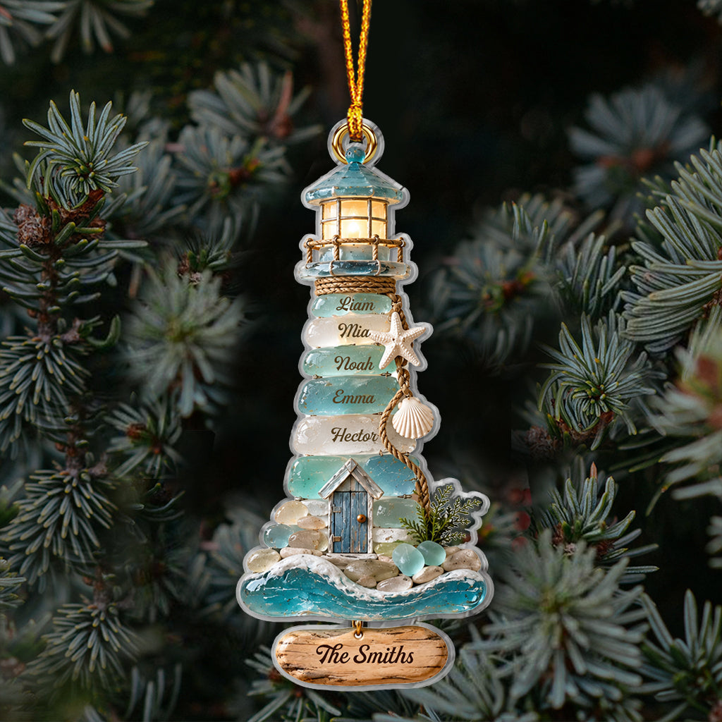 Coastal Sea Glass Lighthouse Christmas - Personalized Family Ornament
