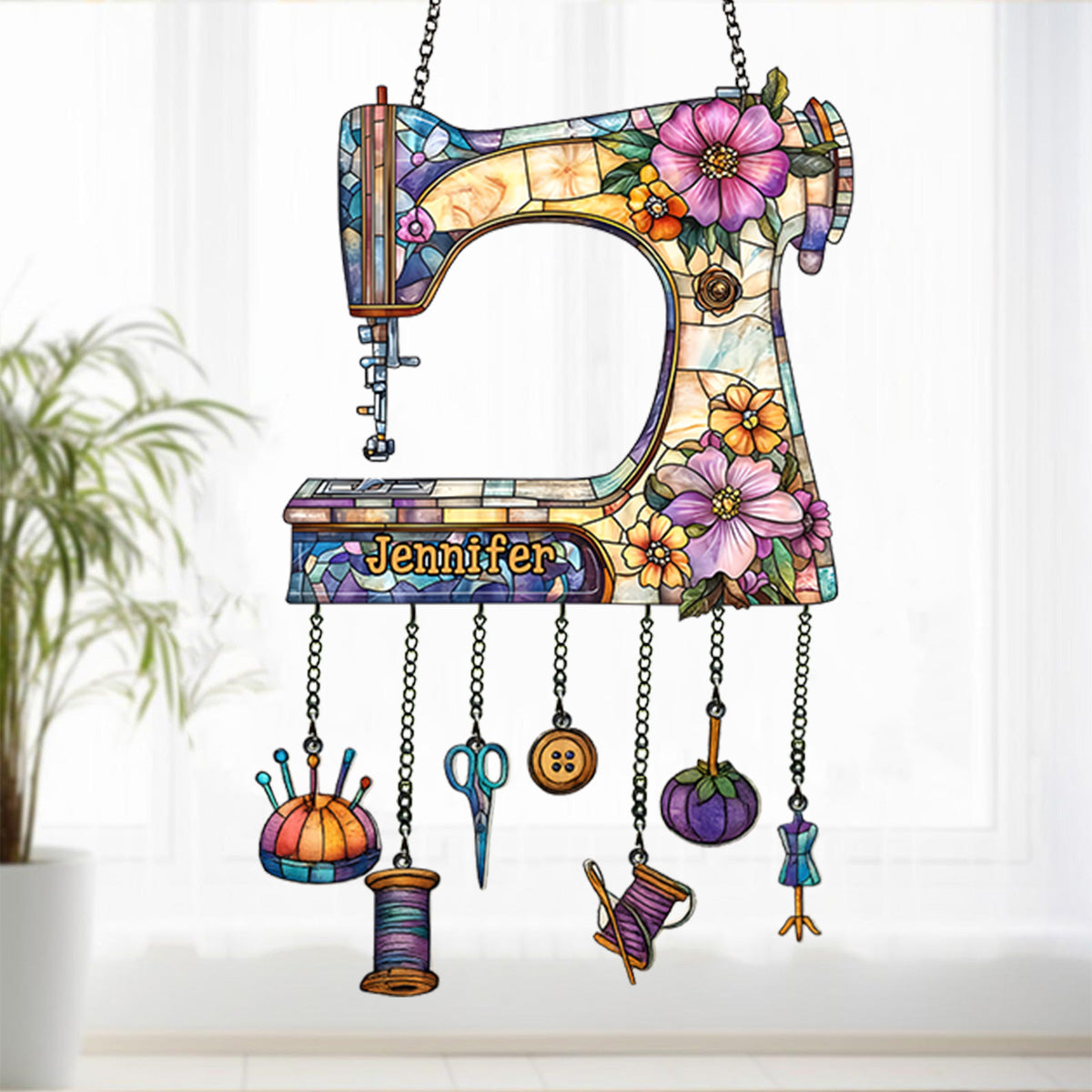 Beautiful Sewing Machine - Personalized Sewing Window Hanging Suncatcher With Charms