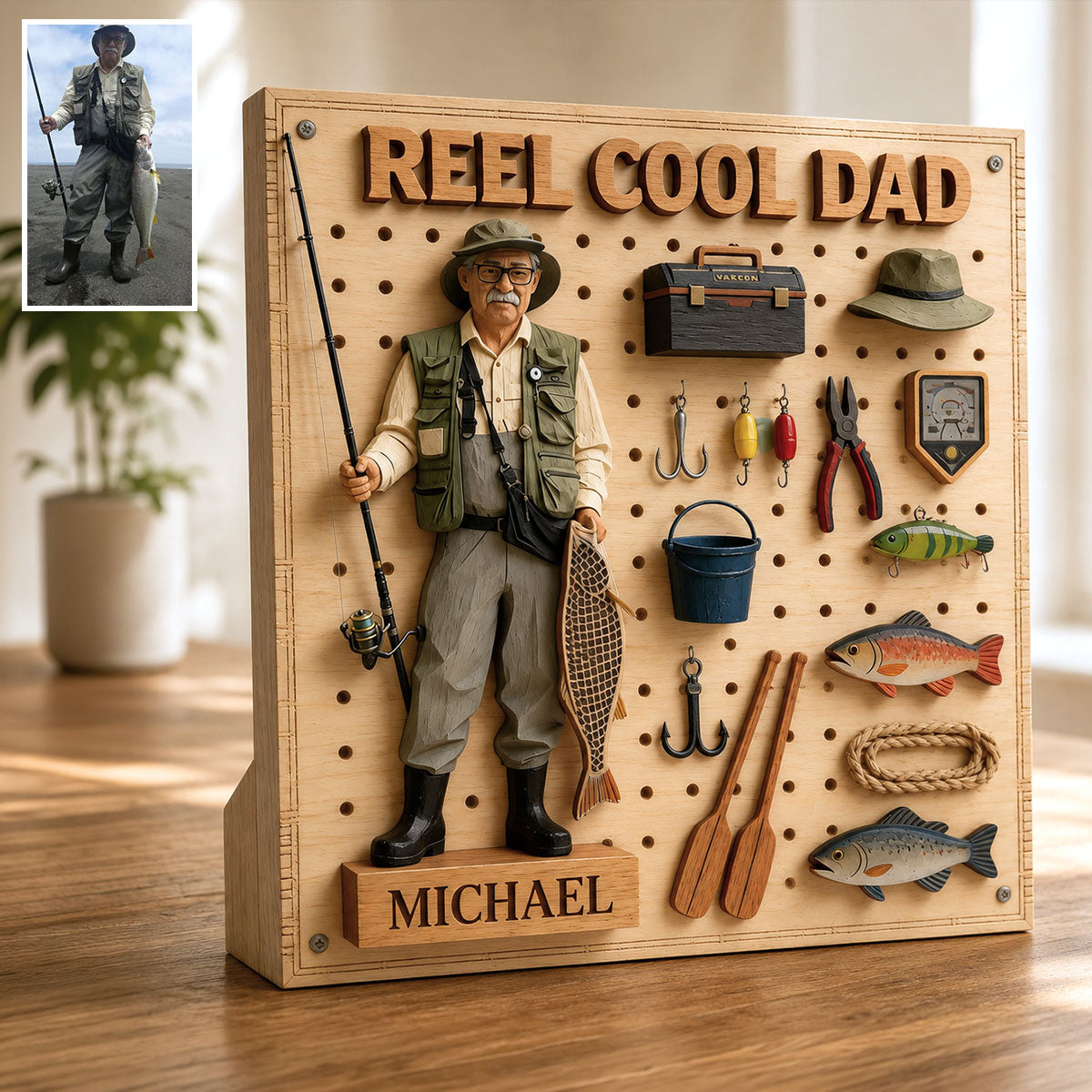 Papa liebt Angeln - Personalisierte 2-lagige Holztafel / Holzplakette