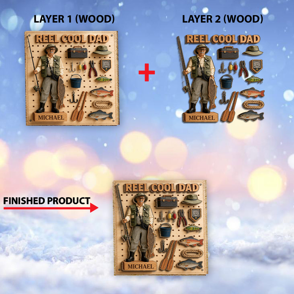 Papa liebt Angeln - Personalisierte 2-lagige Holztafel / Holzplakette