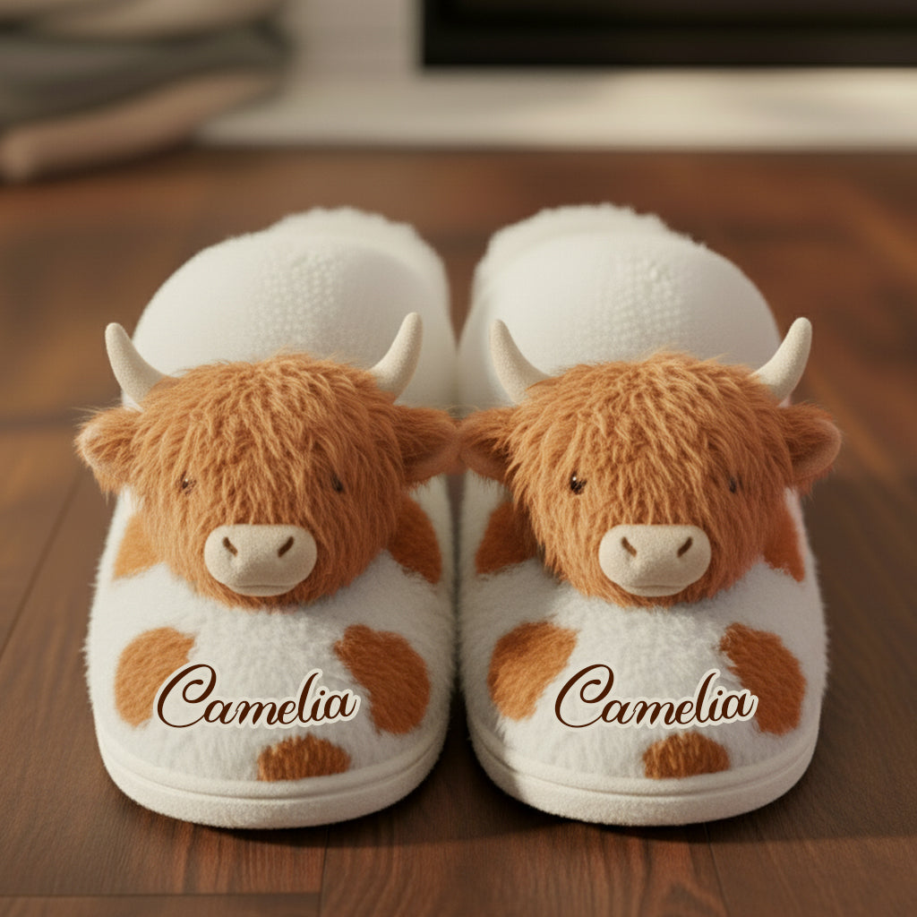 Love Highland Cow - Personalized Highland Cow Slippers With Fur Lining