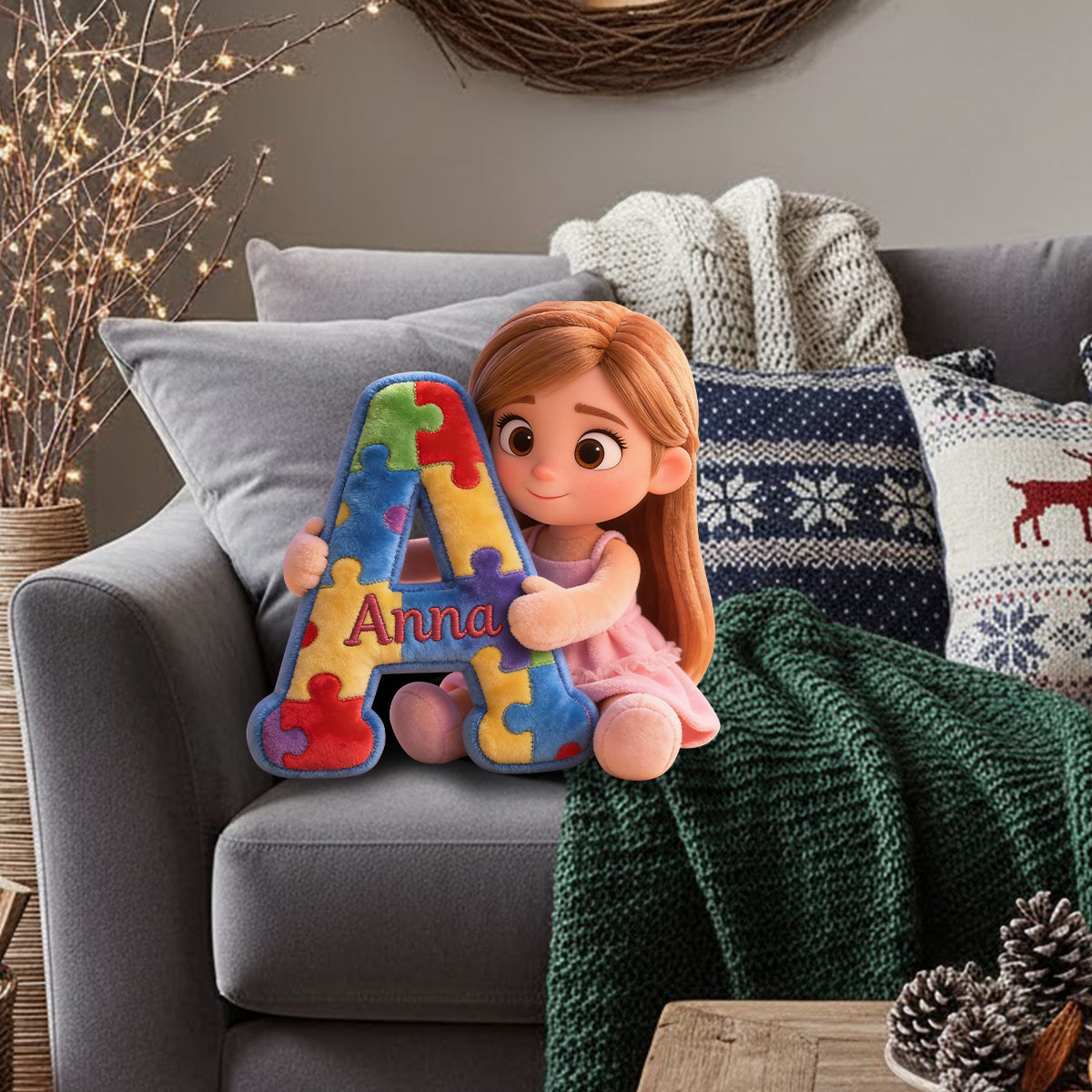Alphabet Puzzle - Personalized Autism Awareness Faux Fur Shaped Pillow
