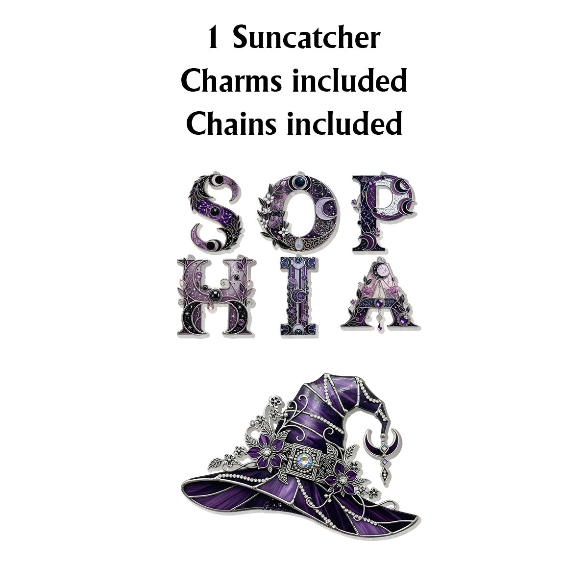 Blumenmuster mit Hut – Personalisierter Hexen-Fensterhänger mit individuellen Anhängern