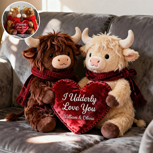 Romantic Plush Cows Holding Heart - Personalized Highland Cow Faux Fur Shaped Pillow