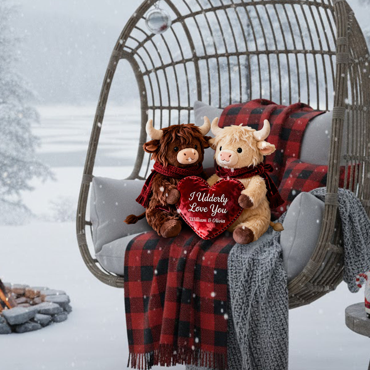 Romantische Plüschkühe mit Herz – Personalisiertes Kissen in Form einer Hochlandkuh aus Kunstfell