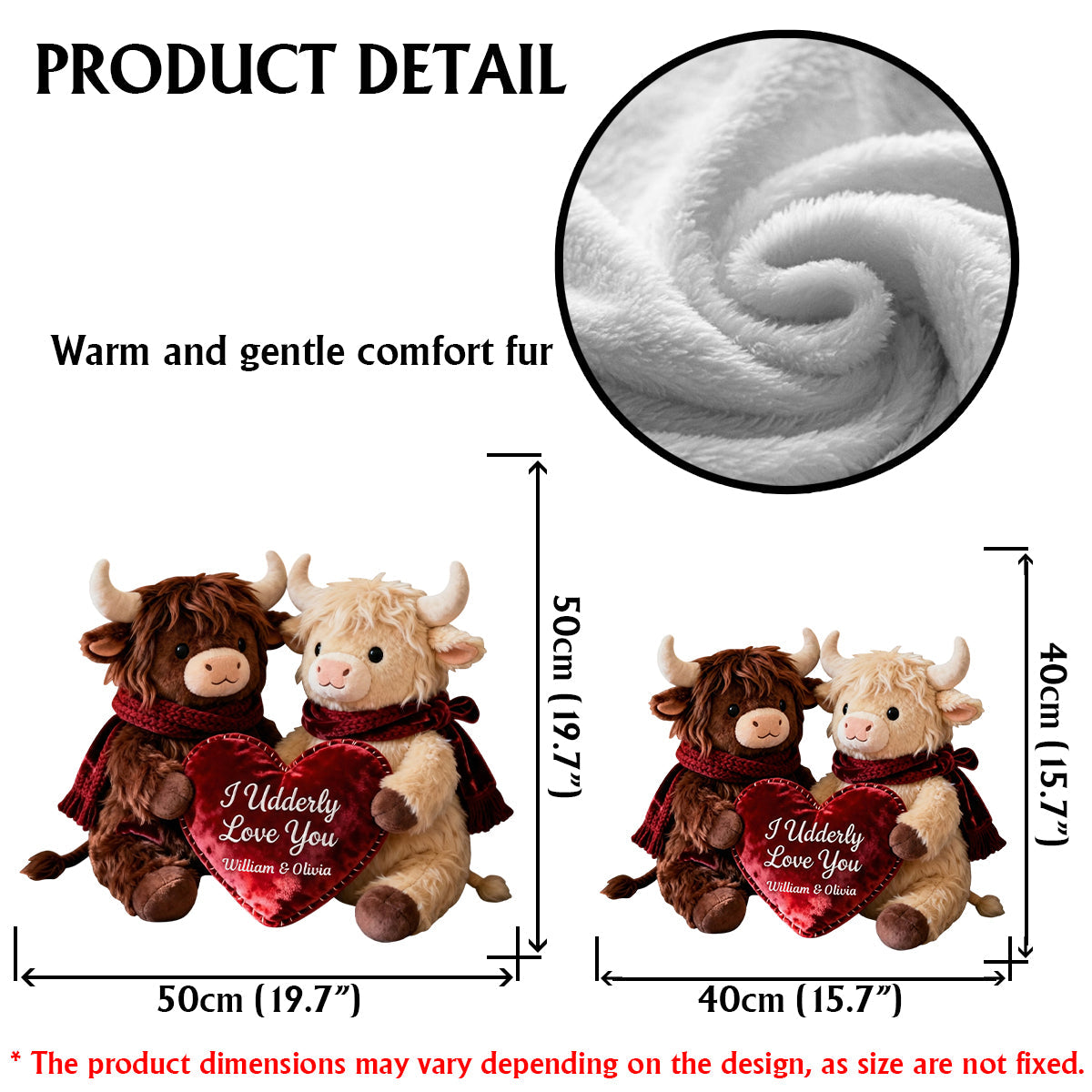 Romantische Plüschkühe mit Herz – Personalisiertes Kissen in Form einer Hochlandkuh aus Kunstfell