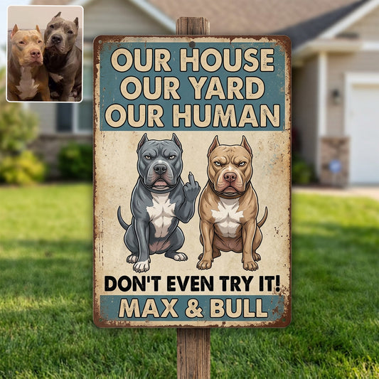 Lustiges Warnschild für Haustierbesitzer - Personalisiertes Hundeschild aus Metall