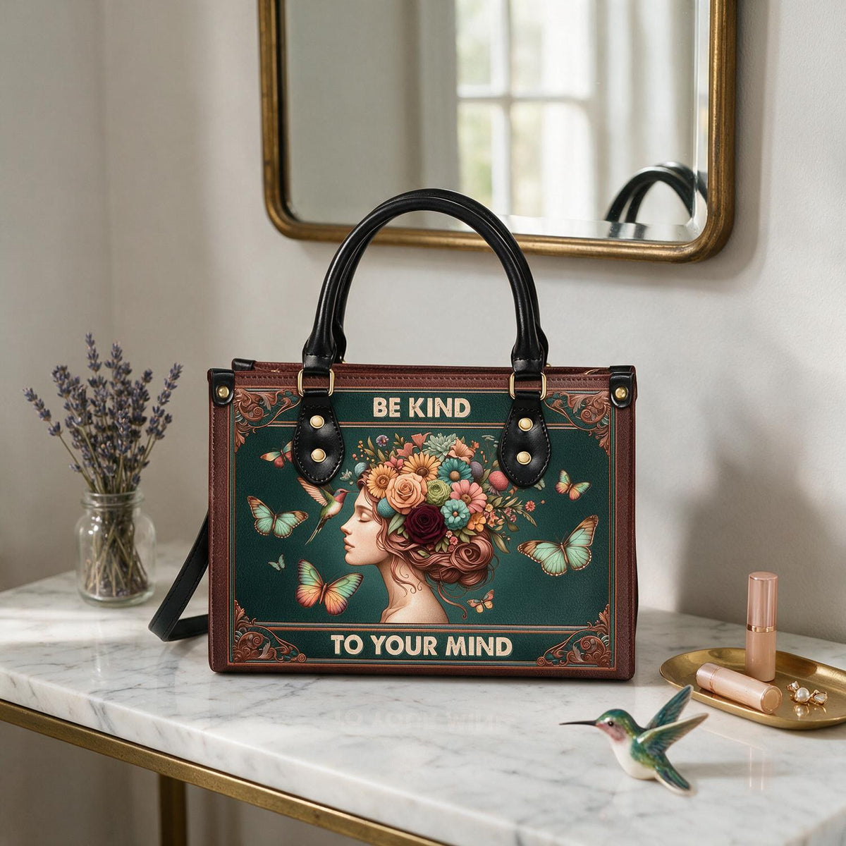 Personalized Be Kind Floral Art Leather Handbag, Mental Health Gift