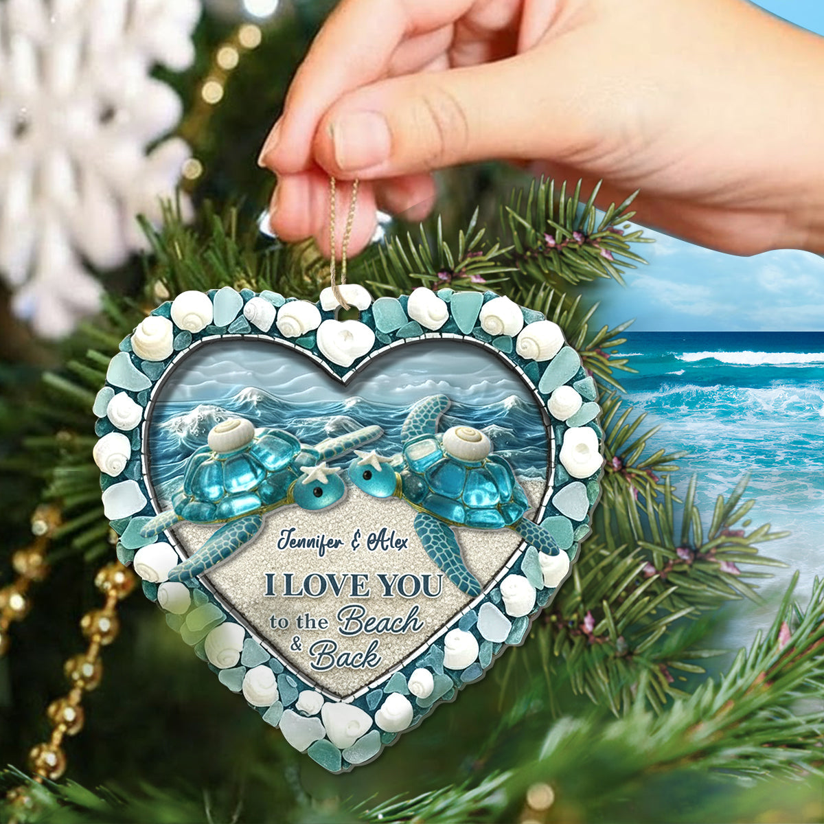 Schildkröten-Seeglas „Ich liebe dich bis zum Strand und zurück“ – Personalisierter zweilagiger Acryl-Schildkröten-Anhänger
