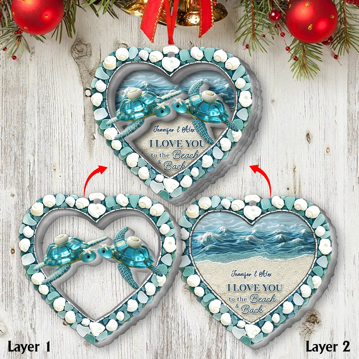 Schildkröten-Seeglas „Ich liebe dich bis zum Strand und zurück“ – Personalisierter zweilagiger Acryl-Schildkröten-Anhänger