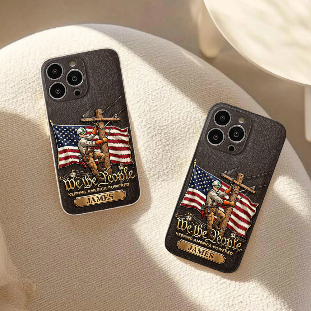 We The People - Personalized Lineman 3D Embossed Leather Phone Case