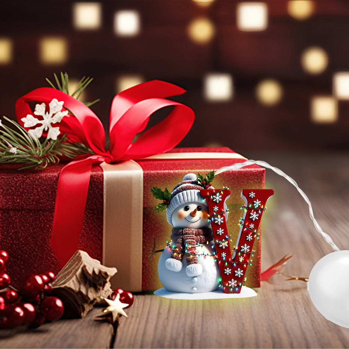 Niedlicher Schneemann mit Anfangsbuchstaben – Personalisierter LED-Lichtschmuck für die Familie