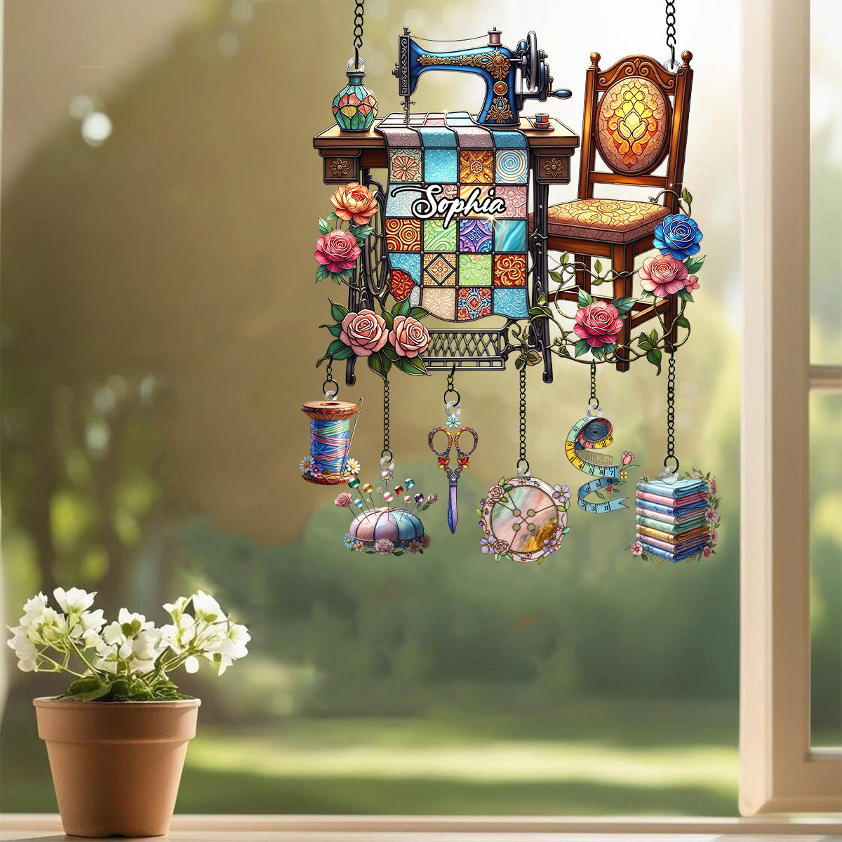 Nähbegeisterte – Personalisierter Fensterhänger mit Anhängern