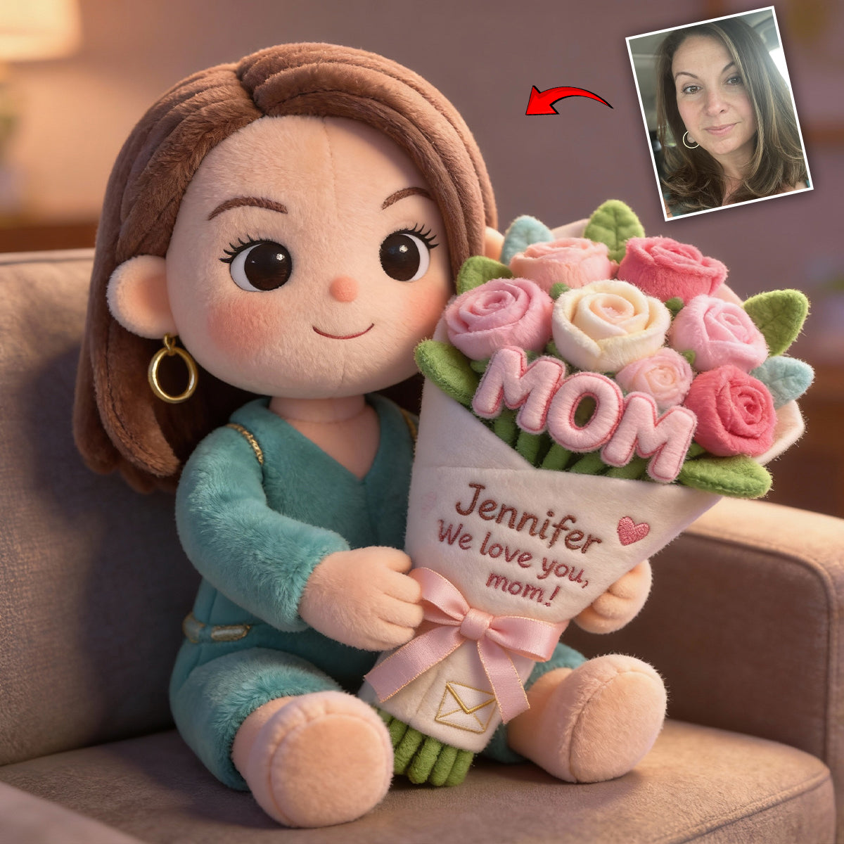 Wunderschöner Blumenstrauß mit Foto nach Wunsch für Mama, Oma – personalisiertes Kissen in Form eines Muttertags aus Kunstfell