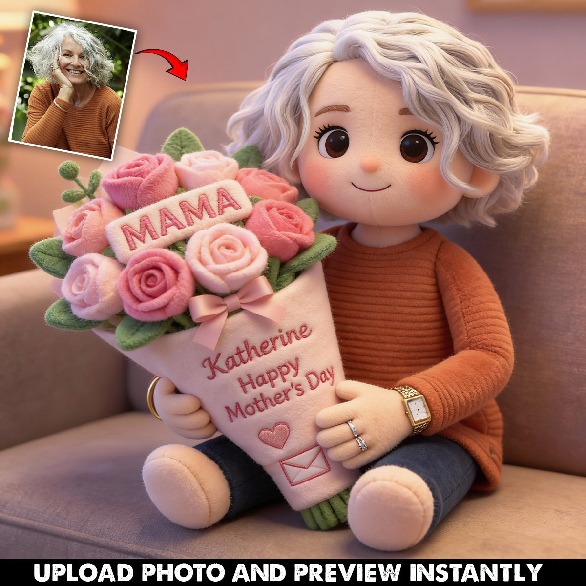 Wunderschöner Blumenstrauß mit Foto nach Wunsch für Mama, Oma – personalisiertes Kissen in Form eines Muttertags aus Kunstfell