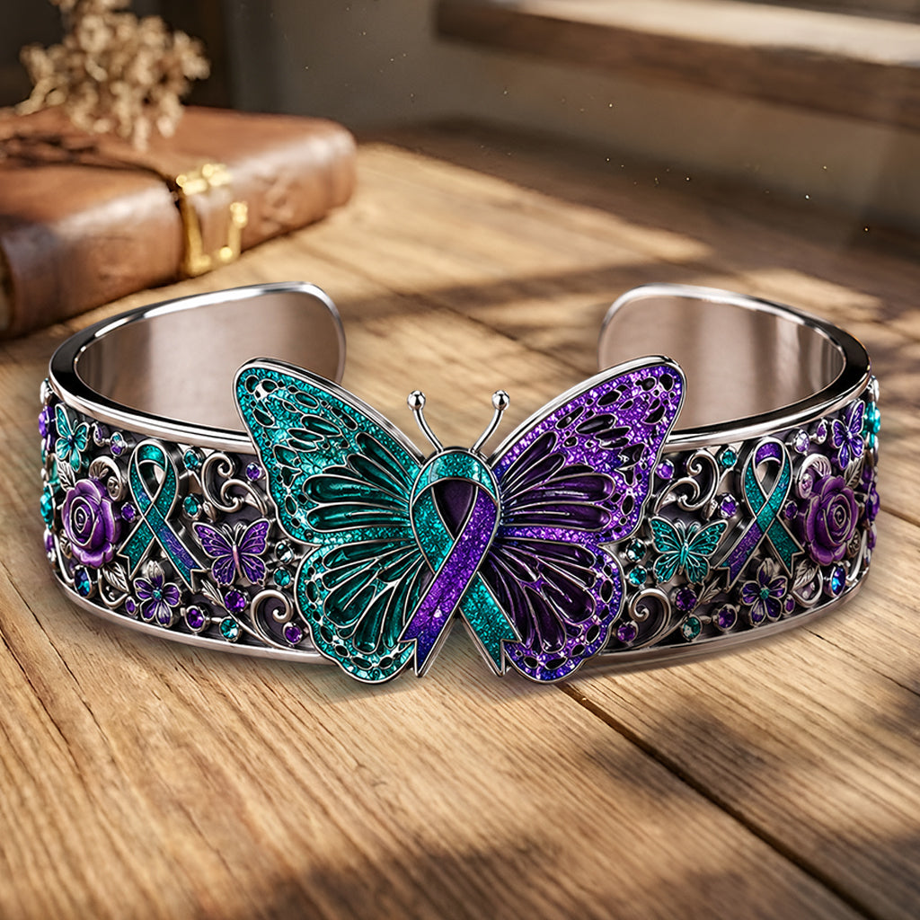 Teal & Purple Butterfly - Personalized Suicide Prevention Shaped Cuff Bracelet