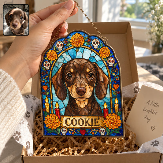 Dog Ofrenda Frame, Pet Memorial Día de Muertos - Personalized Dog 3D Printed Glass Suncatcher