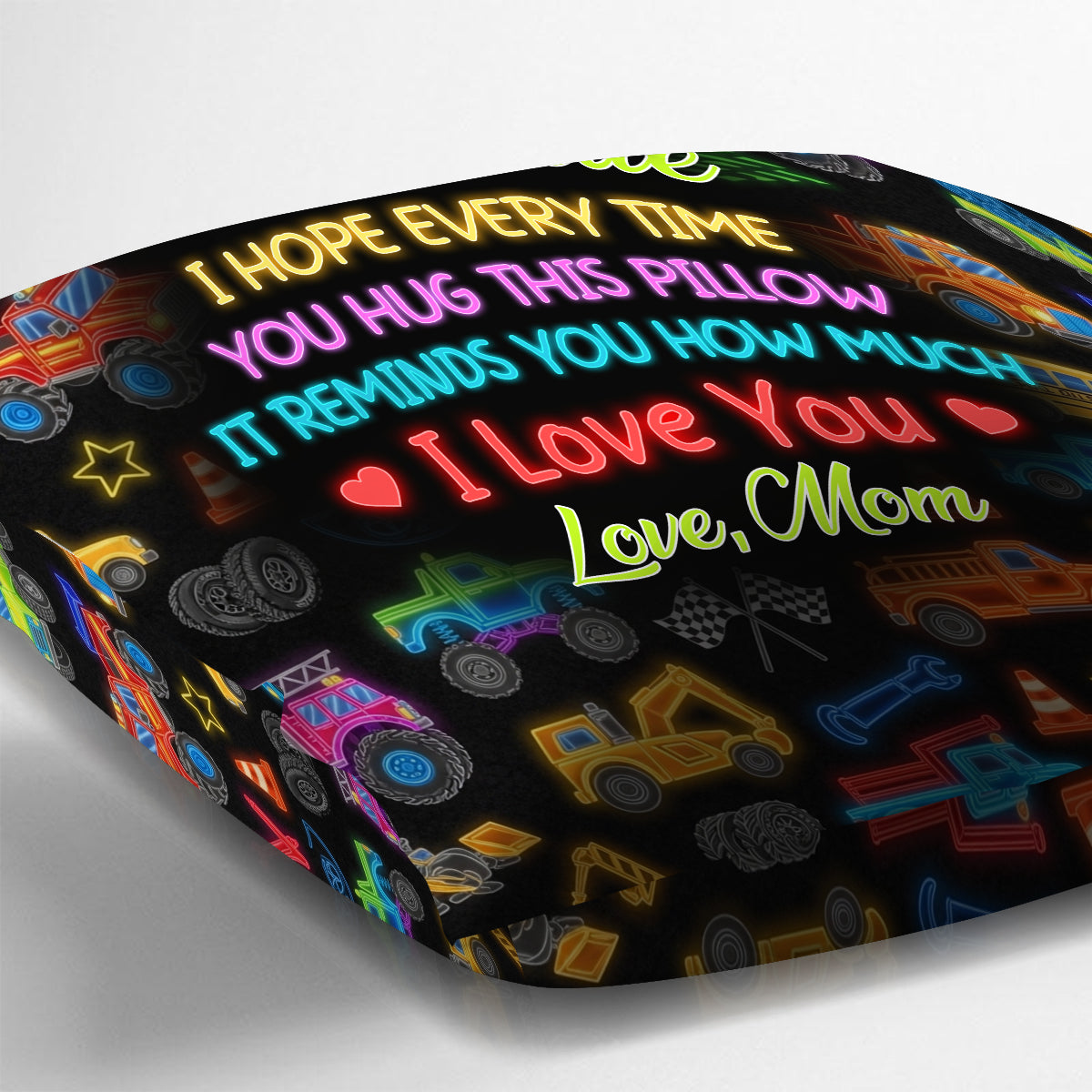 Buntes, personalisiertes Kinderkissen mit Fahrzeugmotiv