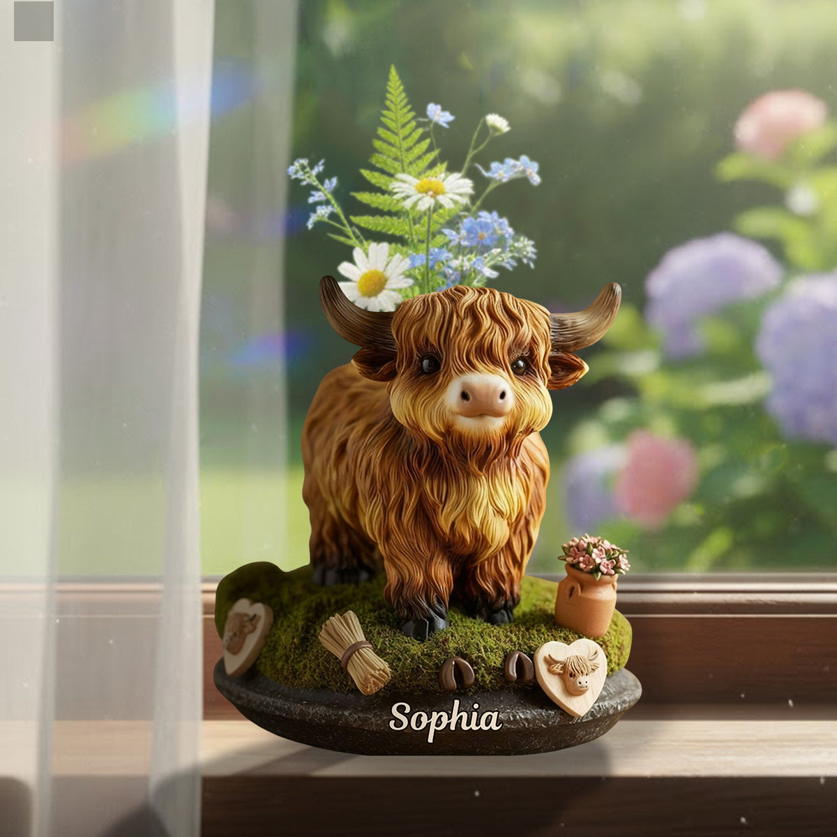 Niedliche Kuh – Personalisierte Acryl-Blumenvase in Form einer Hochlandkuh