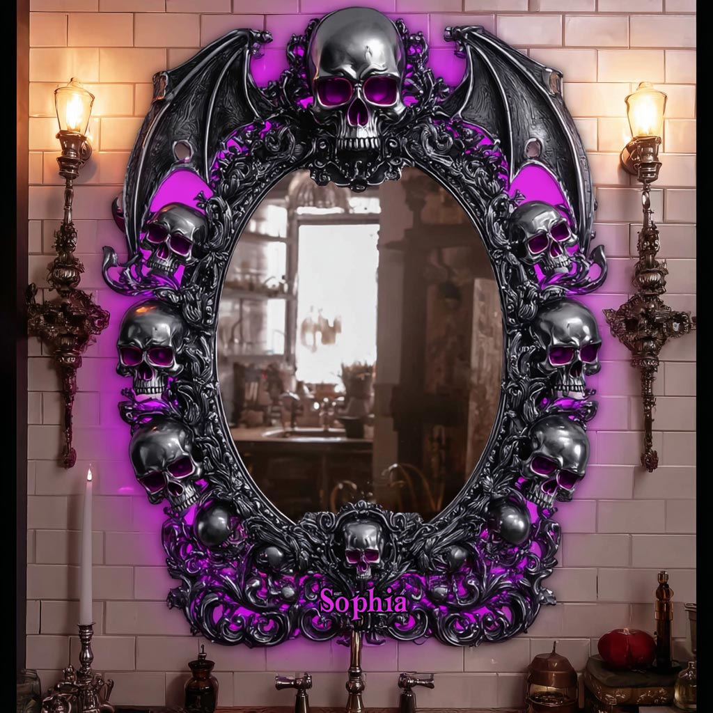 Totenkopf-Halloween – Personalisierter Totenkopf-Wandspiegel mit LED-Beleuchtung